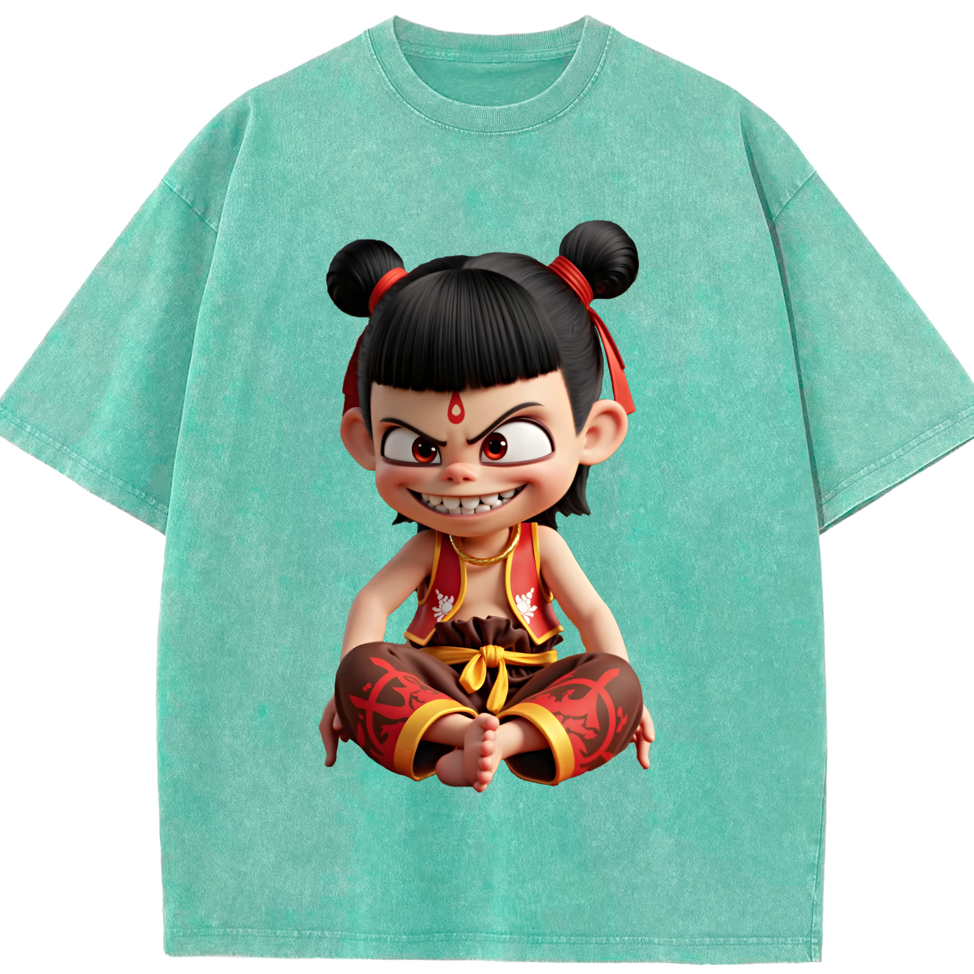 （画像用） Ne Zha 2 ナタ 魔童の大暴れ 綿100% ヴィンテージ風 半袖Tシャツ（フロントプリント）